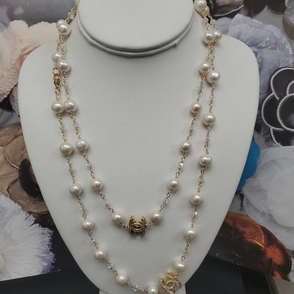 Ramina Pearls CC Symbol White Pearls & Crystals Necklace