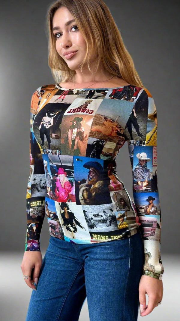 Woman wearing a colorful collage sweater in a living room setting
