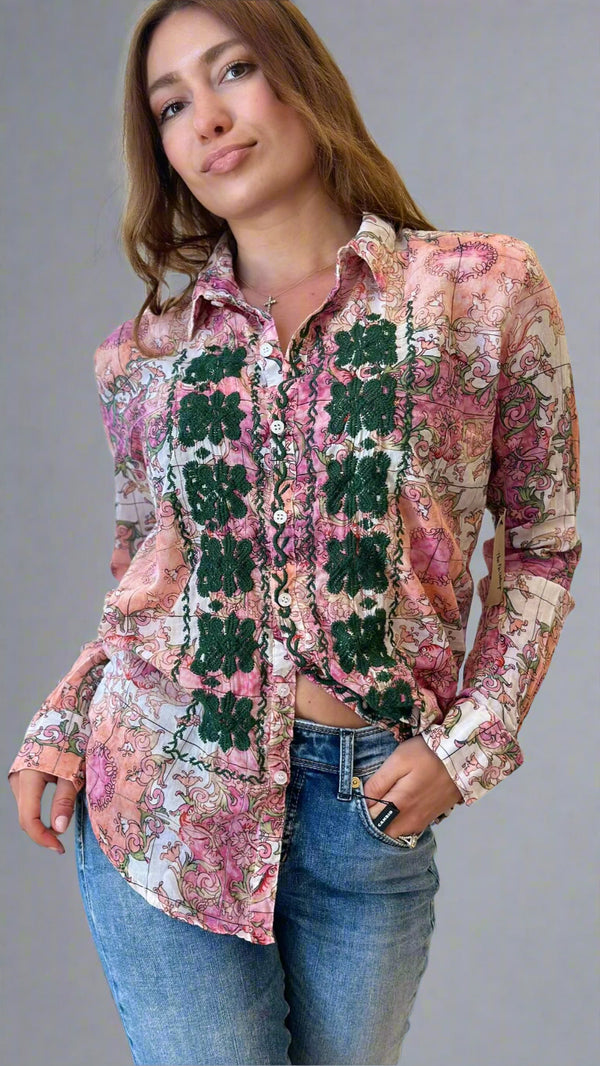 Nu Vintage Button Down Embroidery Blouse