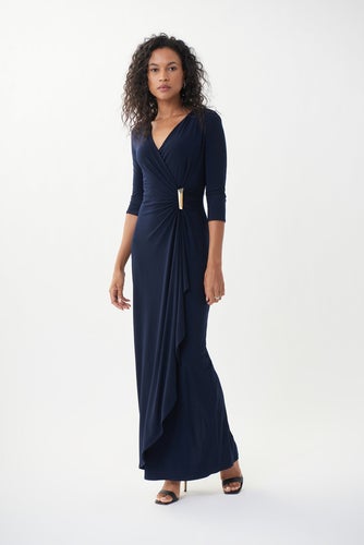 Joseph Ribkoff 3/4 Sleeve Front V Neck Front Brooch Long Dress - PapillonStyles Joseph Ribkoff 3/4 Sleeve Front V Neck Front Brooch Long Dress - PapillonStyles