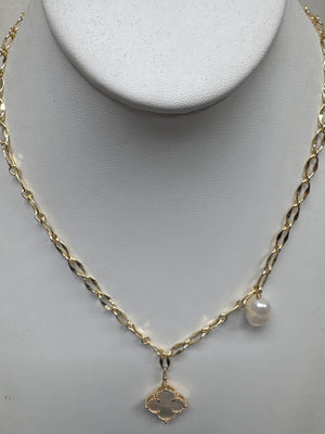 Charlene K Mother Pearl Clover + Pearl Necklace