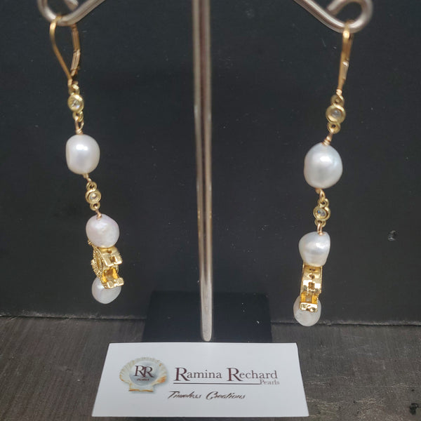 Ramina Pearls Gold Plated CC Symbol with 2 Pearls Earrings Above & One Below