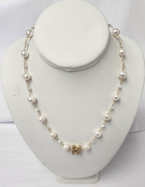 Ramina Pearls CC Symbol White Pearls & Crystals Necklace