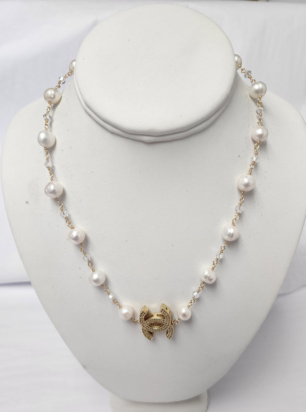 Ramina Pearls CC  Big Symbol White Pearls & Crystals Necklace