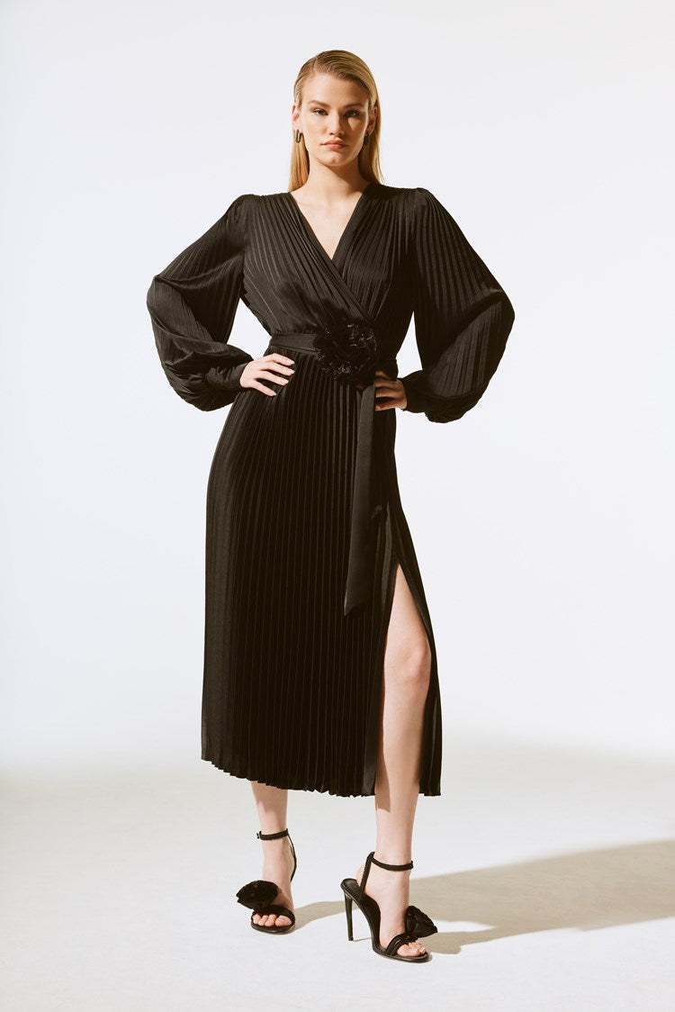 Joseph Ribkoff Satin Pleated Midi Dress - PapillonStyles Joseph Ribkoff Satin Pleated Midi Dress - PapillonStyles
