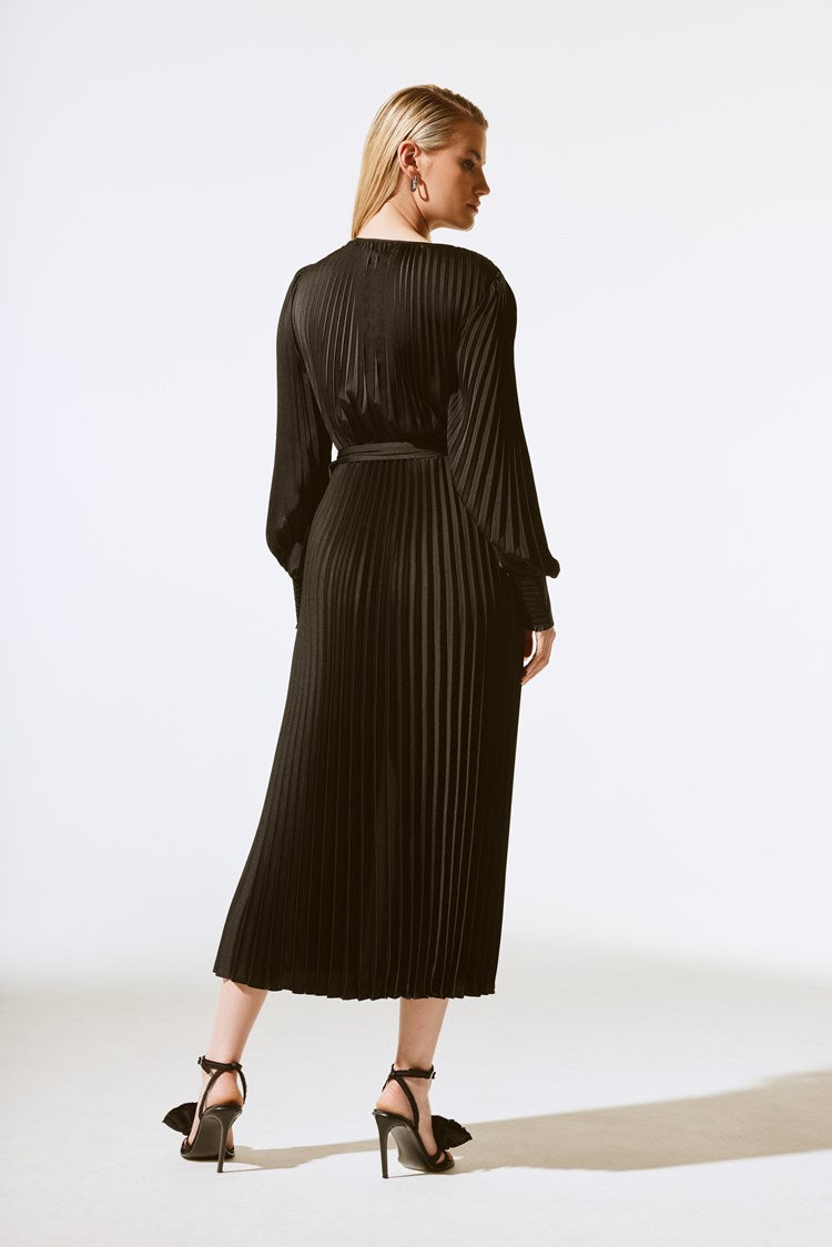 Joseph Ribkoff Satin Pleated Midi Dress - PapillonStyles Joseph Ribkoff Satin Pleated Midi Dress - PapillonStyles