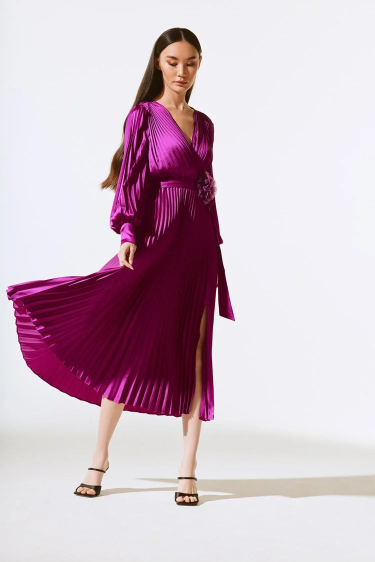 Joseph Ribkoff Satin Pleated Midi Dress - PapillonStyles Joseph Ribkoff Satin Pleated Midi Dress - PapillonStyles