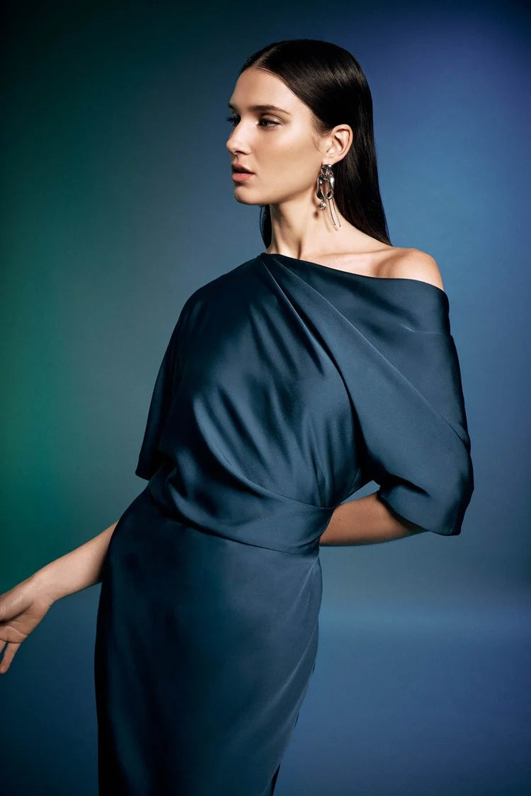 joseph ribkoff evening dress Joseph Ribkoff Satin One Shoulder Trumpet Gown Midnight Blue / 6 / 100% Polyester