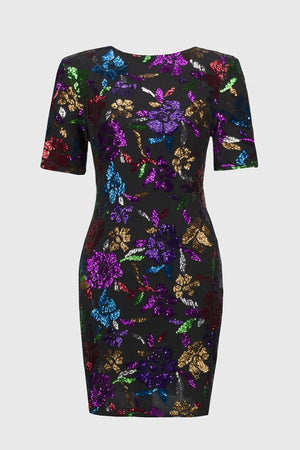 Joseph Ribkoff Sequined Mesh Floral Print Sheath Dress