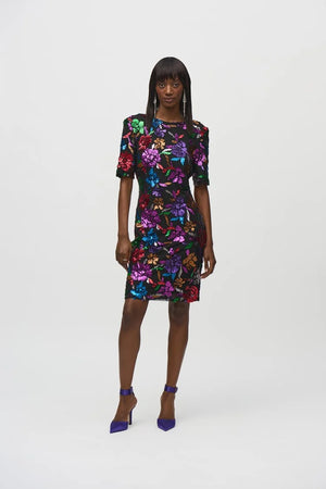 Joseph Ribkoff Sequined Mesh Floral Print Sheath Dress