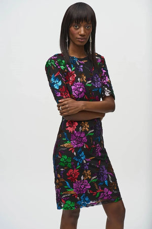 Joseph Ribkoff Sequined Mesh Floral Print Sheath Dress