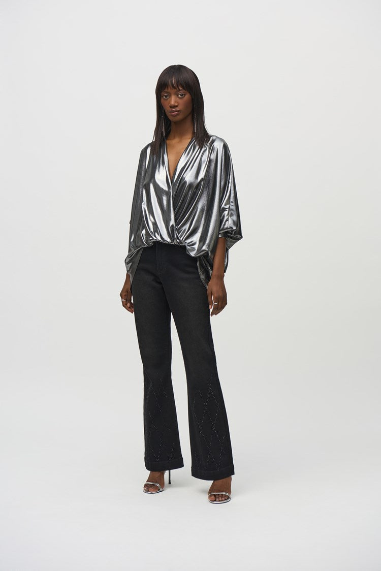 ribbon feather tops×rib onepiece set Joseph Ribkoff Metallic Foiled Chiffon Wrap Top - PapillonStyles