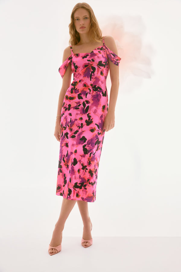 Joseph Ribkoff Signature | Satin Floral Sheath Dress with Cold Shoulder