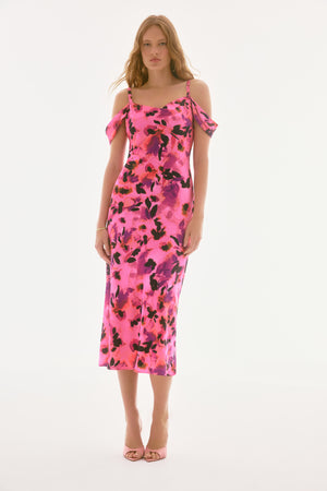 Joseph Ribkoff Signature | Satin Floral Sheath Dress with Cold Shoulder