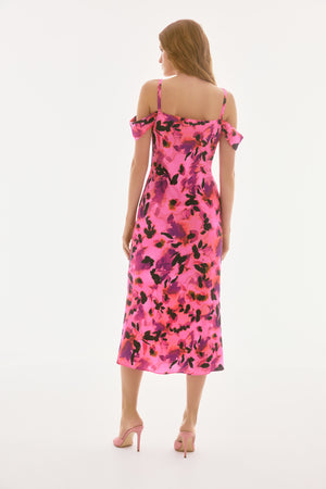 Joseph Ribkoff Signature | Satin Floral Sheath Dress with Cold Shoulder