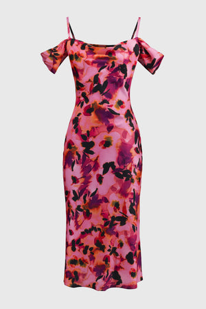 Joseph Ribkoff Signature | Satin Floral Sheath Dress with Cold Shoulder