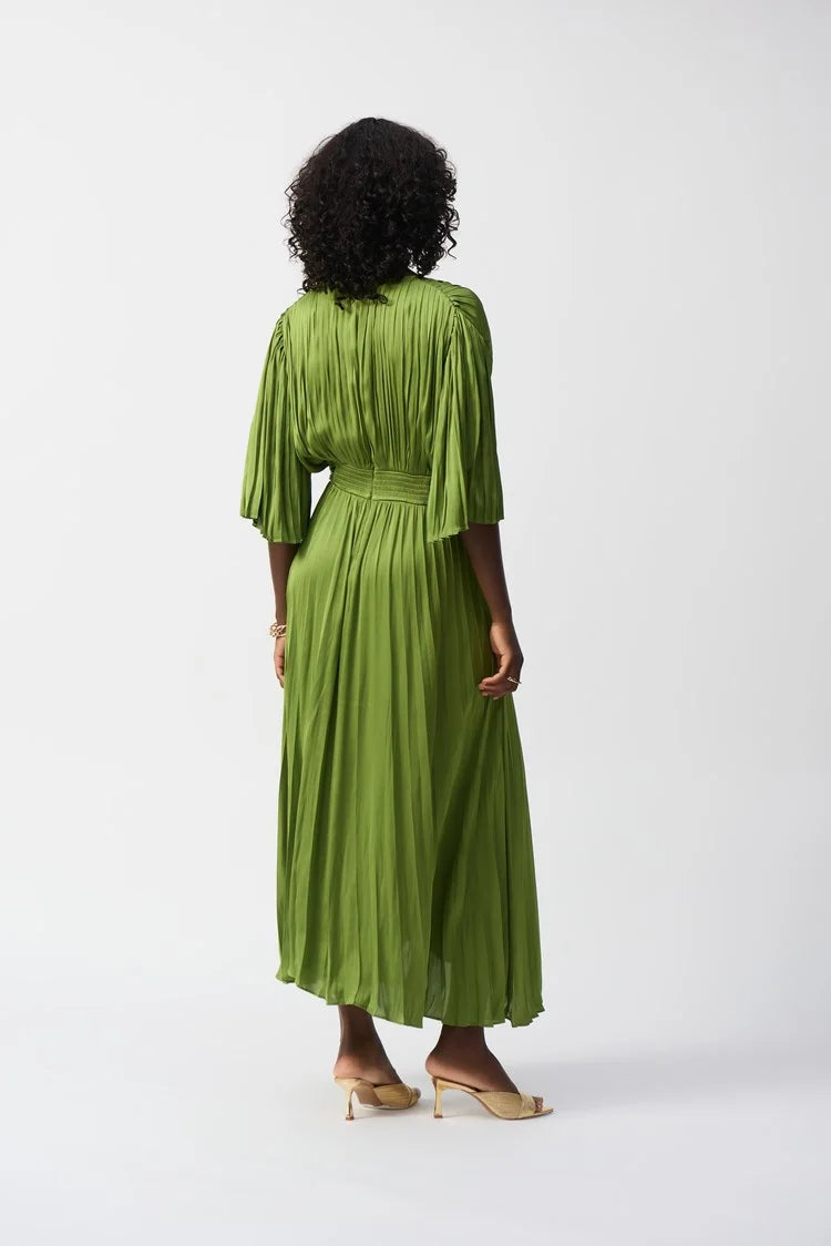 Joseph Ribkoff Pleated Satin Midi Dress | Greenery & Coastal Blue - PapillonStyles Joseph Ribkoff Pleated Satin Midi Dress | Greenery & Coastal Blue - PapillonStyles