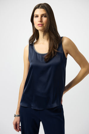 Joseph Ribkoff Signature | Recycled Satin Top with Rhinestone Trim
