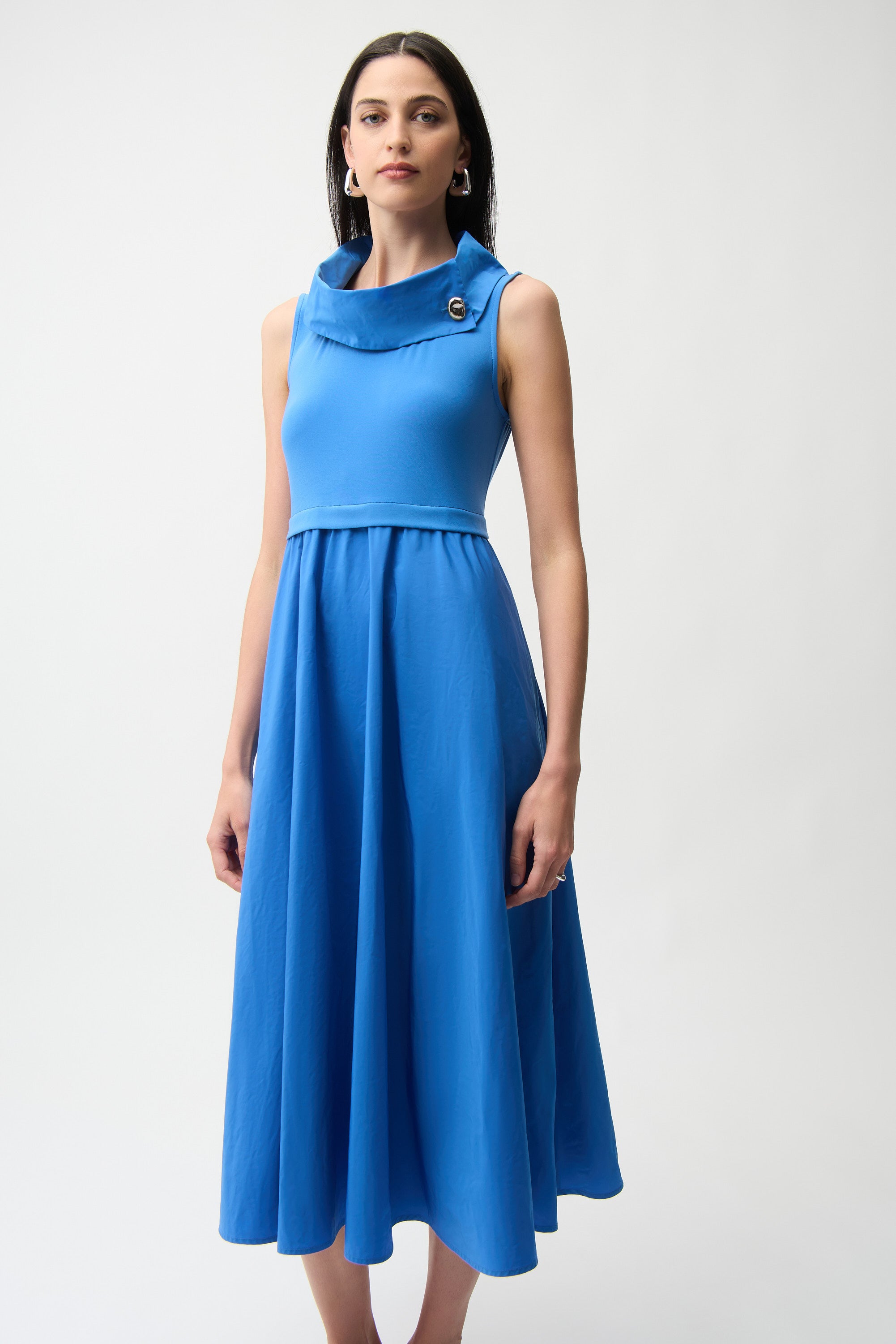 Joseph Ribkoff Fit & Flare Midi Dress Shawl Collar Silky Knit in Harbor Blue Joseph Ribkoff Fit & Flare Midi Dress Shawl Collar Silky Knit in Harbor Blue