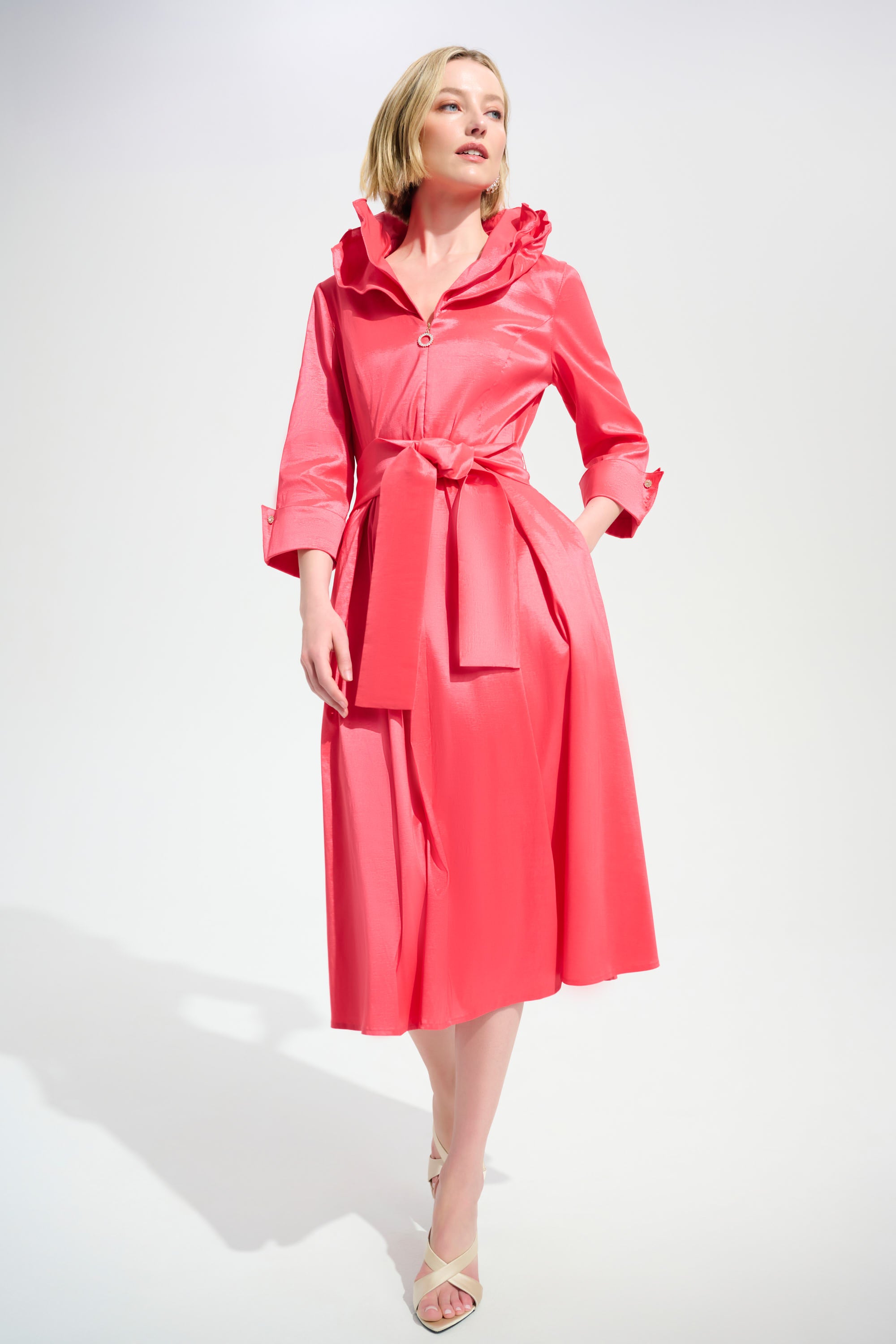 Joseph Ribkoff Signature | Stretch Taffeta Fit And Flare Dress With Lapel Collar Joseph Ribkoff Signature | Stretch Taffeta Fit And Flare Dress With Lapel Collar