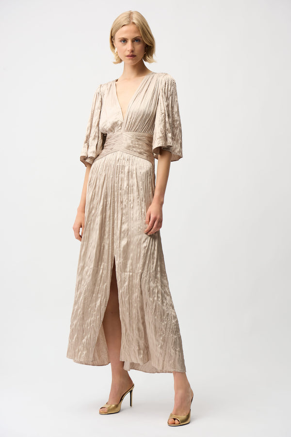 Joseph Ribkoff Satin Fit and Flare Pleated Dress with Knot Waist Detail