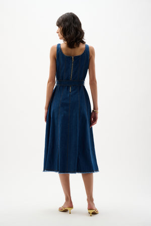 green emerald velvet dress Fit and Flare Denim Midi Dress with Fringes Cashew / 14
