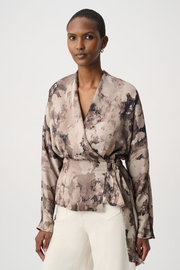 Joseph Ribkoff Abstract Print Satin Wrap Top
