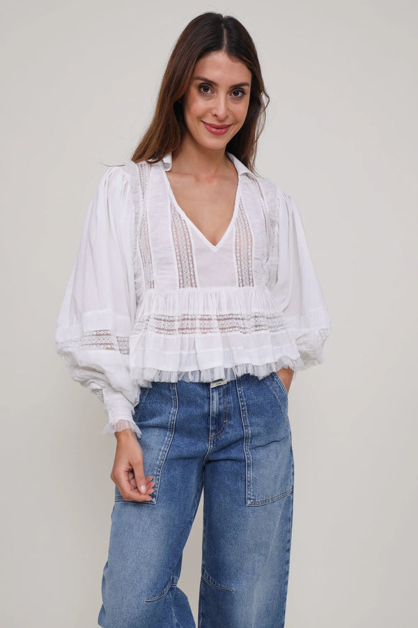 Mes Demoiselles Melody Lace & Ruffle Cotton Blouse – White / Black
