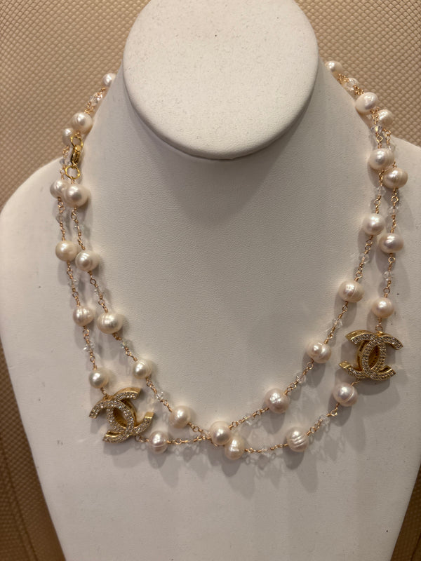 Ramina Pearls BIG CC Symbol White Pearls & Crystals Necklace