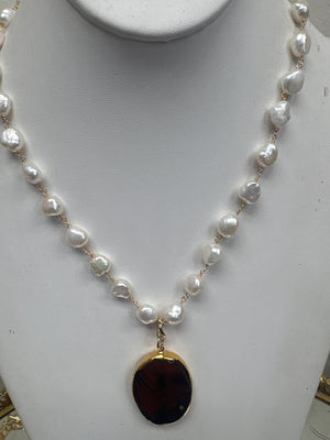 Charlene K Gold Baroque Pearl Onyx Canelian Necklace