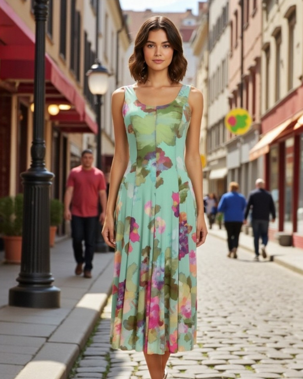 Petit Pois Tea Length Tank Dress Aquamarine