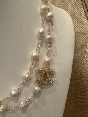 Ramina Pearls BIG CC Symbol White Pearls & Crystals Necklace