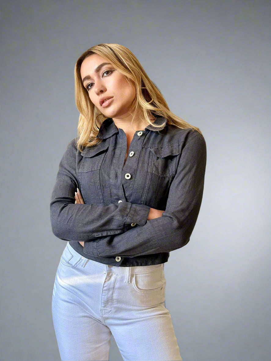 Haris Cotton Long Sleeve Front Pockets Jean Jacket PapillonStyles