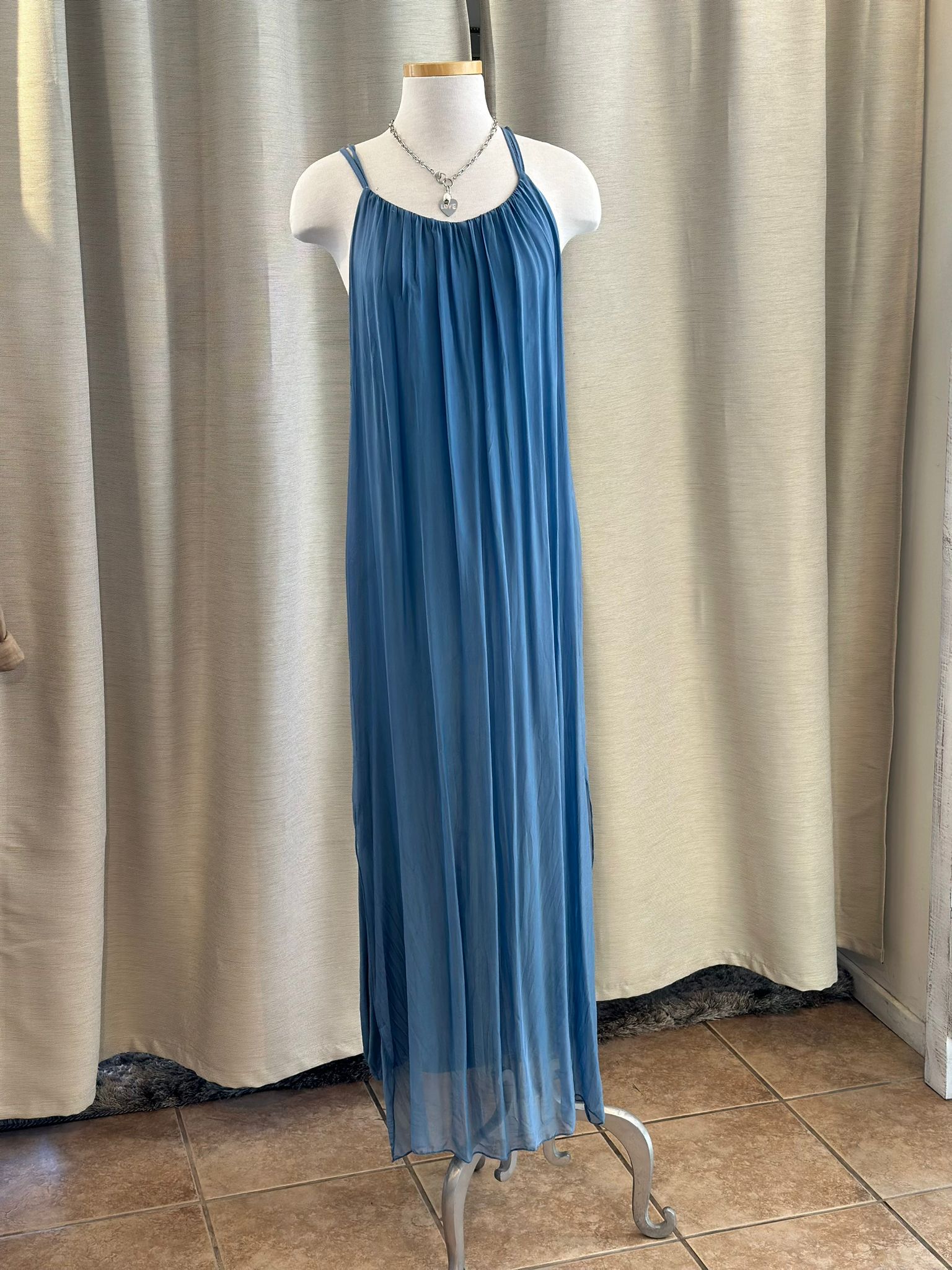 meo meli linen dress CC Meo Meli Ruffle Sleeve Tiered Dress Heather Blue / One Size