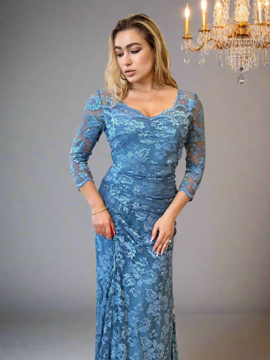 Olvi's Lace Long Gown | 3/4 Sleeves, V-Neck | Mother of the Bride | Silver Blue, French Rose, Shadow Rose - PapillonStyles Olvi's Lace Long Gown | 3/4 Sleeves, V-Neck | Mother of the Bride | Silver Blue, French Rose, Shadow Rose - PapillonStyles