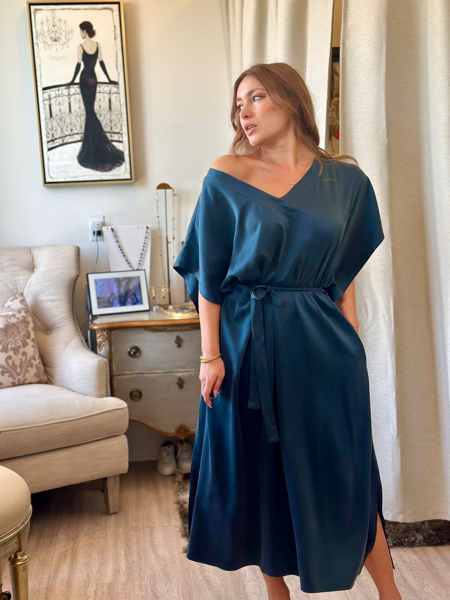kaftan dress satin Jaki Female Navy Satin Kaftan Dress, XS, UK 6/8, USA 4/6