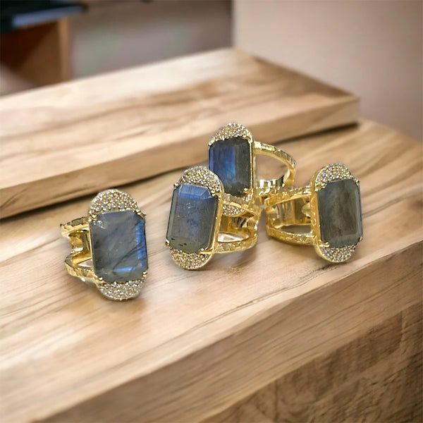 Tat2 Designs GOLD & Silver KOSOR EMERALD CUT LABRADORITE & CRYSTAL COCKTAIL RING