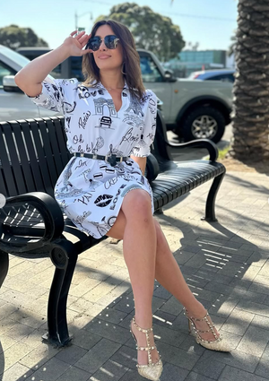 Joseph Ribkoff Poplin Conversational Print A-Line Dress