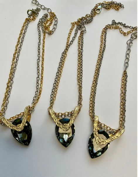 J. Jansen Designs #468 Teardrop Crystal Necklace with Gold and Silver Double Chain