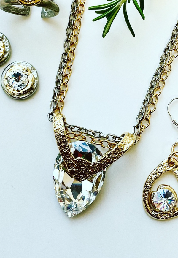 J. Jansen Designs #468 Teardrop Crystal Necklace with Gold and Silver Double Chain