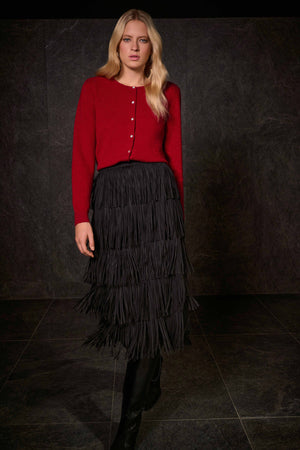 Joseph Ribkoff Pleated Pencil Skirt With Tiered Fringes