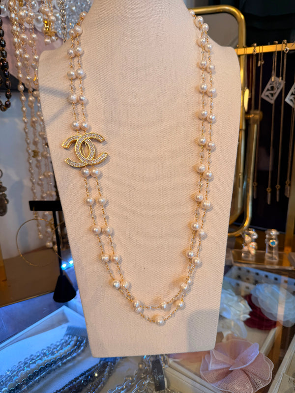 Ramina Pearls CC 33" Giant Extra Long Symbol White Pearls & Crystals  Necklace