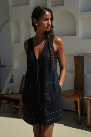 Lilly Pilly Isla Linen Dress | 100% European Flax, A-Line | Black