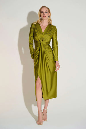 Joseph Ribkoff Signature Satin Effect Knit Draped V Neck Sheath Dress