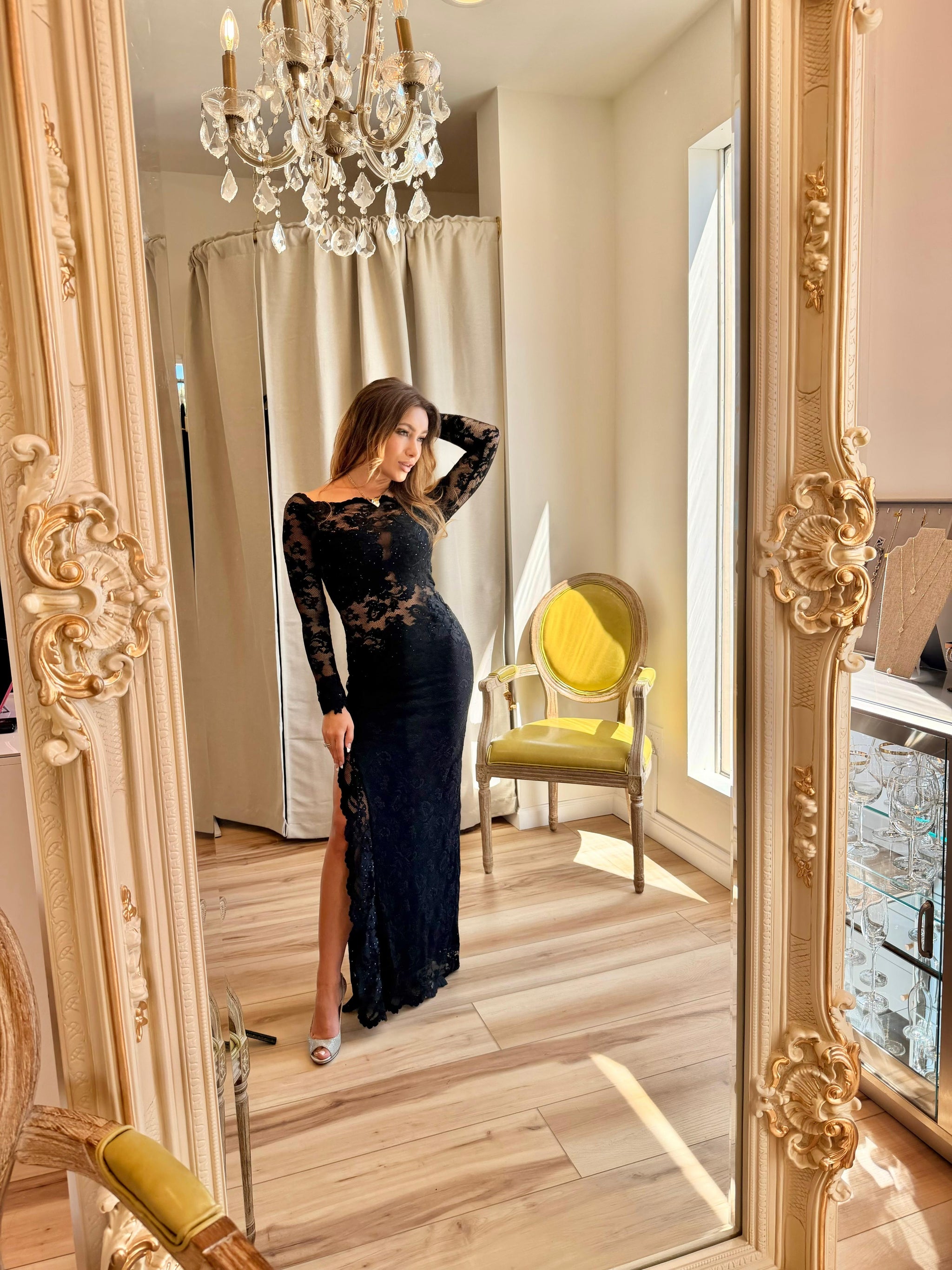 swarovski black dress Olvis Off Shoulder Long Dress with Swarovski Crystals