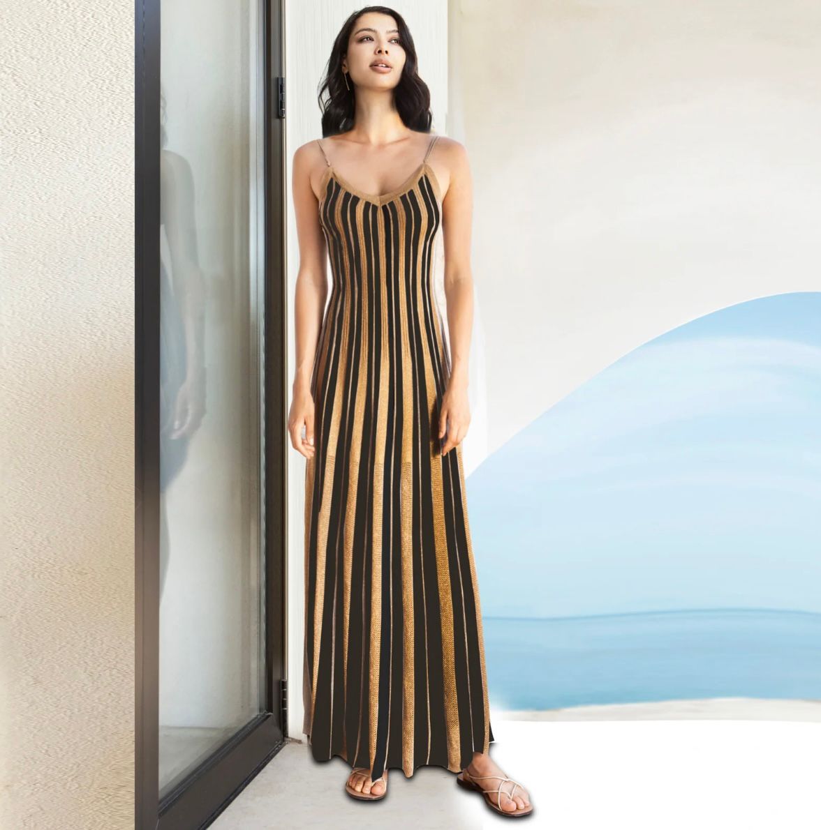 Aggel Knitwear Lurex Open-Knit Maxi Dress | Black Tan Gold | PapillonStyles Aggel Knitwear Lurex Open-Knit Maxi Dress | Black Tan Gold | PapillonStyles
