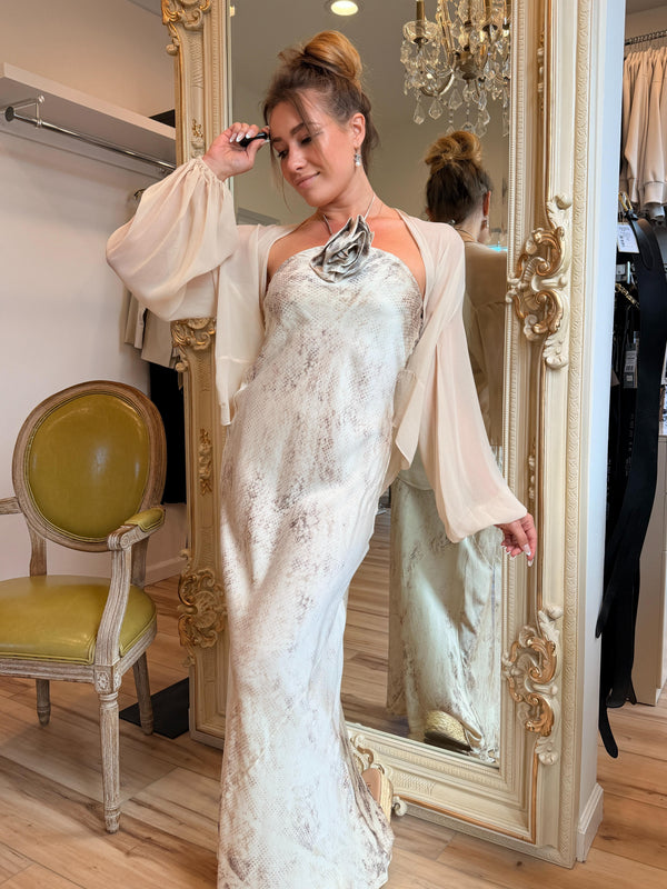 Michelle Jonas Flower Halter Slip Dress – Brown Snake Print