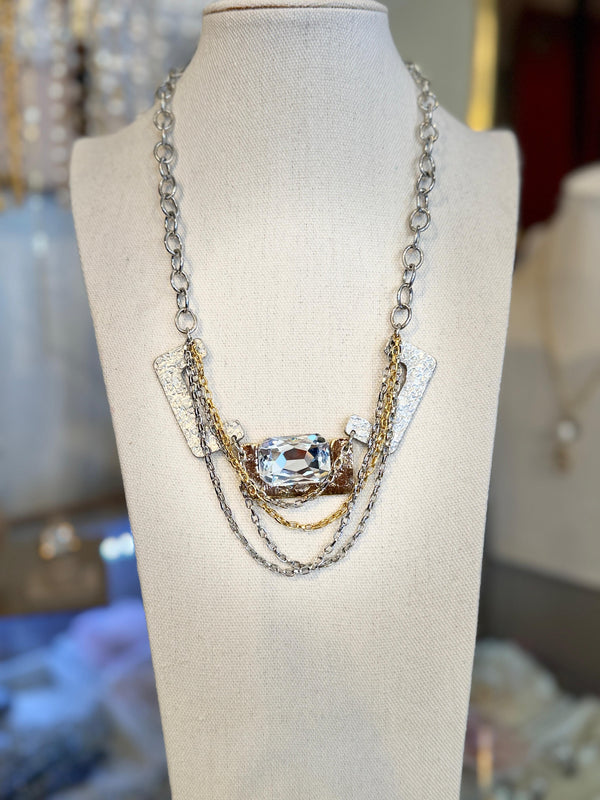 J. Jansen Designs Short Geometry Double Chain Necklace | Silver & Gold Crystal