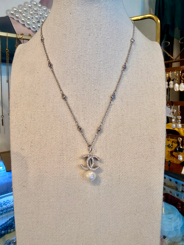 Ramina Pearls 18" Silver CC Charm With White Pearl Necklace