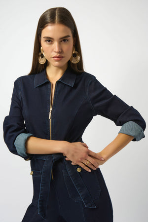 Joseph Ribkoff "Charlie's Angels" Stretch Denim Zip Front Wide Leg Jumpsuit